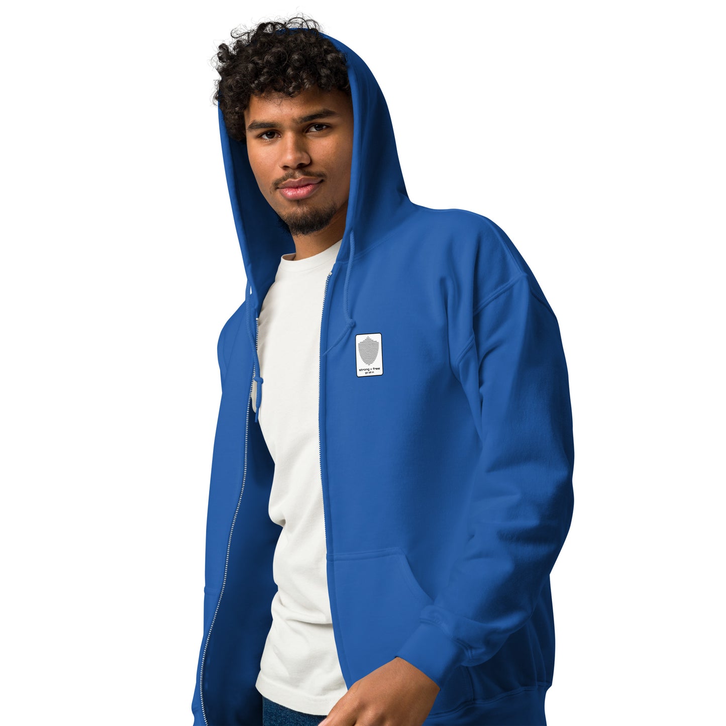 Men's Full Zip Hoodie, Black/Blue/Grey/White. S+F Reverse Shield Logo Design.