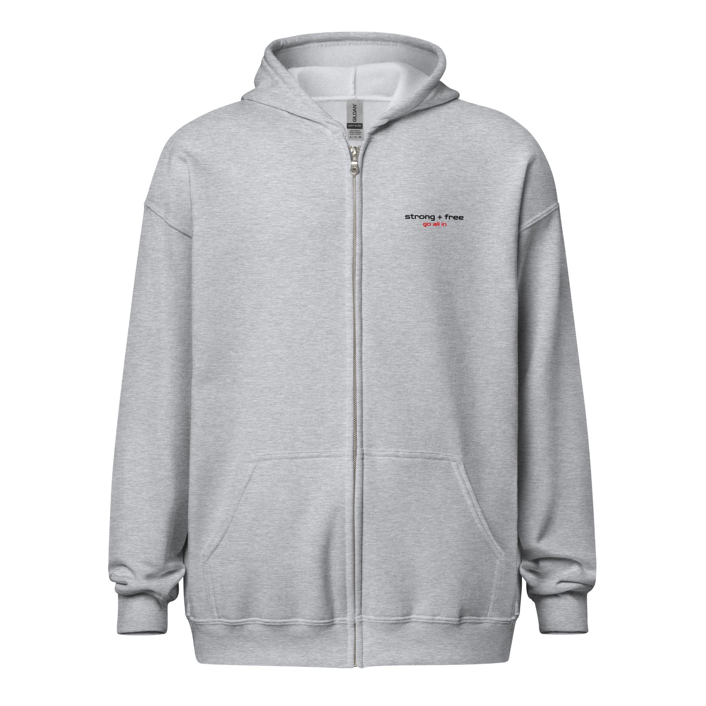 Men's Full Zip Hoodie, White/Grey. S+F Reverse Shield Logo Design.