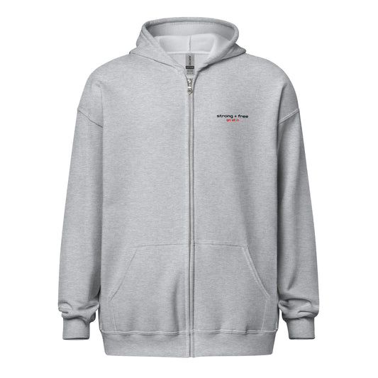 Men's Full Zip Hoodie, White/Grey. S+F Reverse Shield Logo Design.