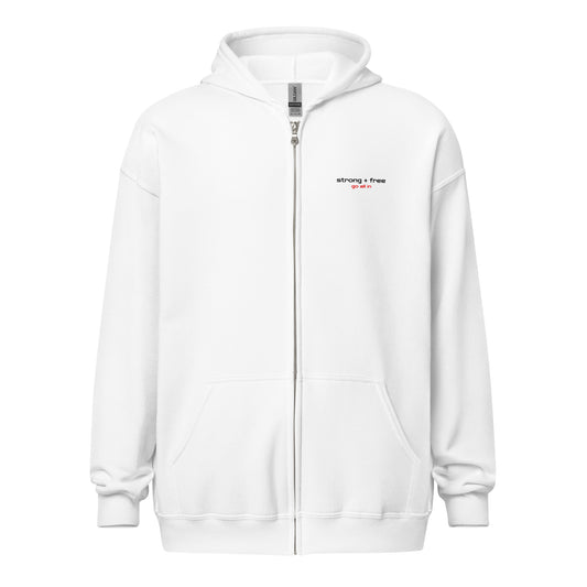 Men's Full Zip Hoodie, White/Grey. S+F LC Typefont Logo Design.