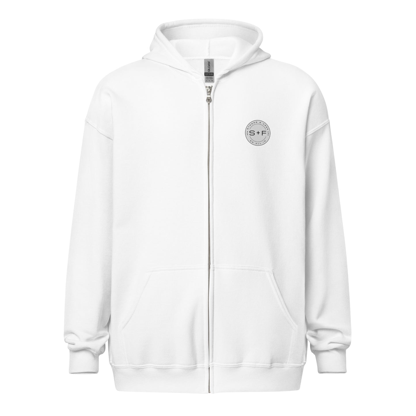 Men's Full Zip Hoodie, Black/Blue/Grey/White. S+F Reverse Grey Circle Logo Design.