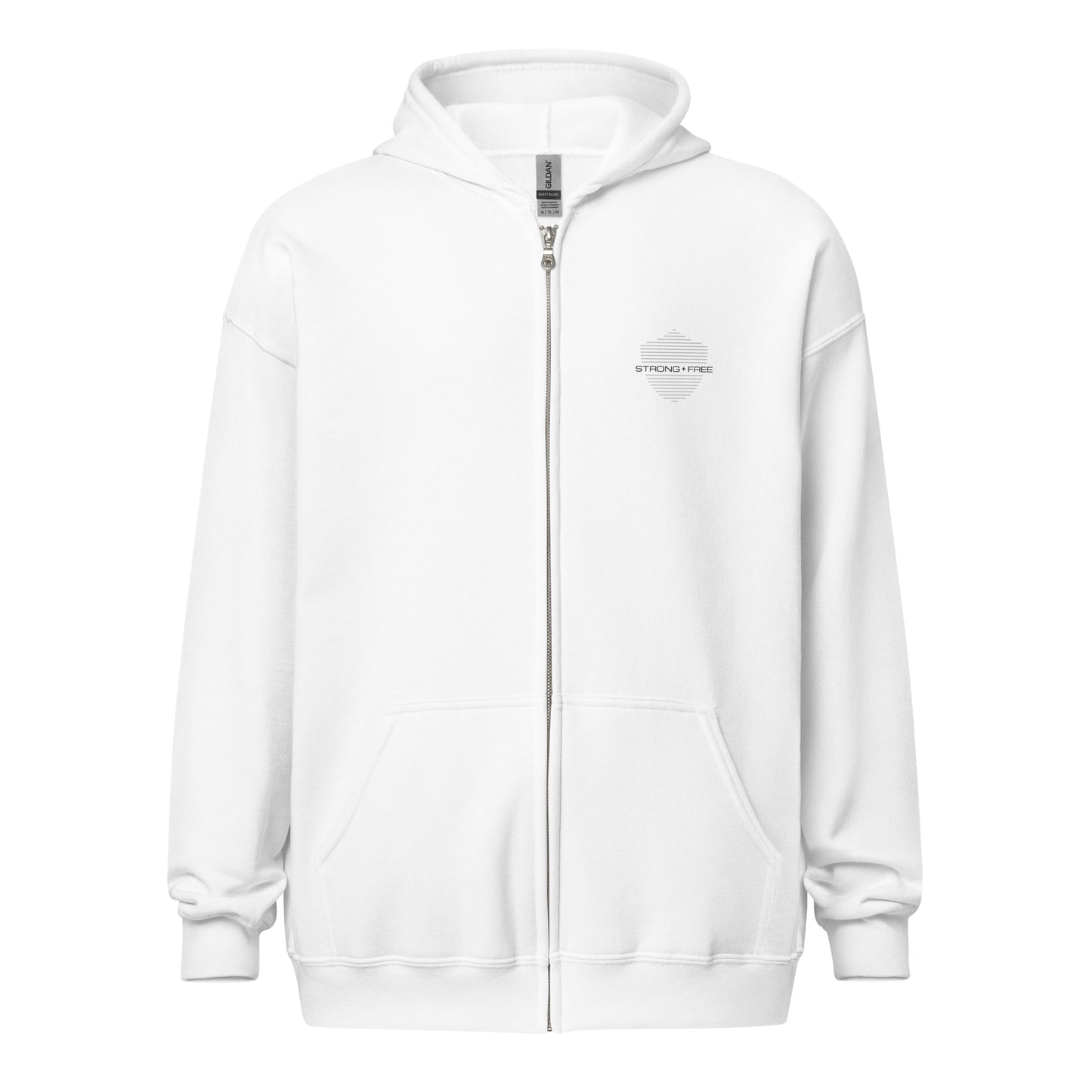 Men's Full Zip Hoodie, White. S+F Shield Logo Design.