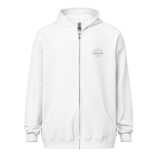 Men's Full Zip Hoodie, White. S+F Shield Logo Design.