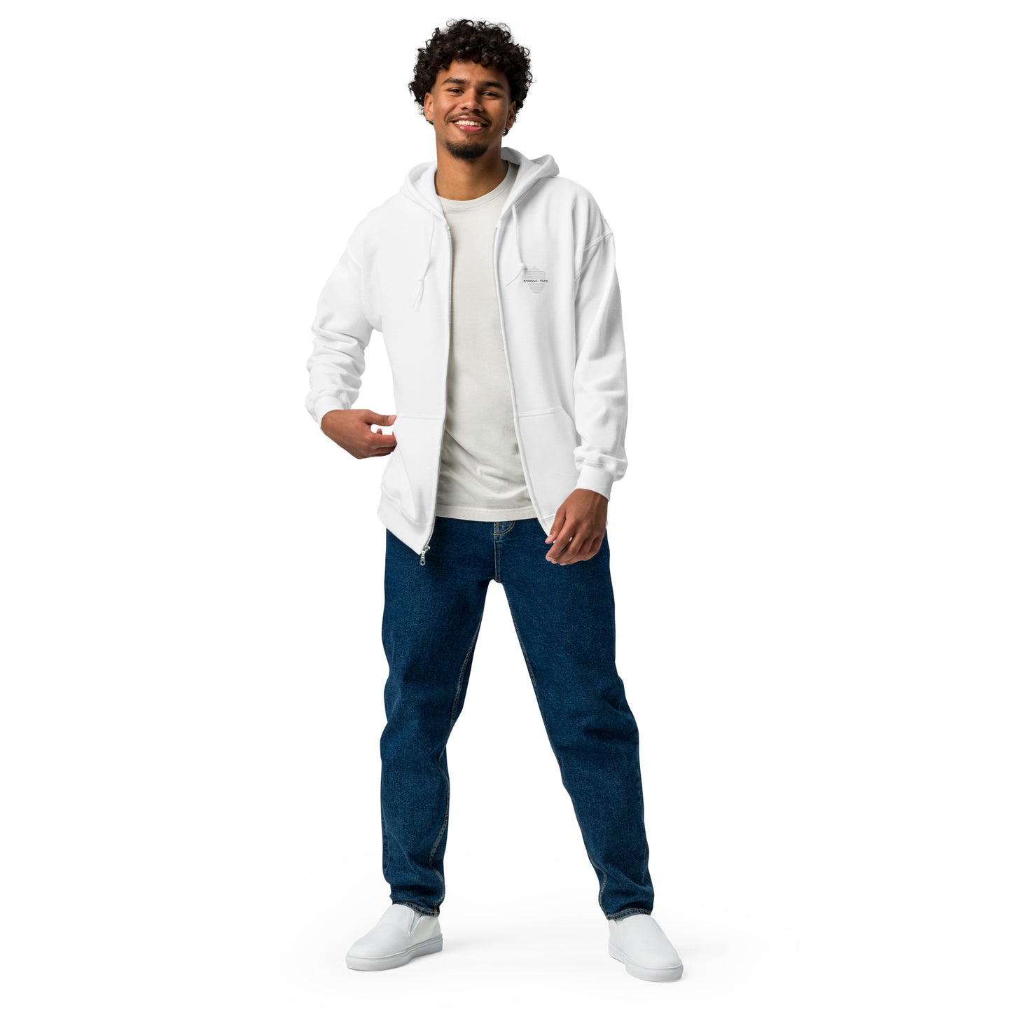 Men's Full Zip Hoodie, White. S+F Shield Logo Design.