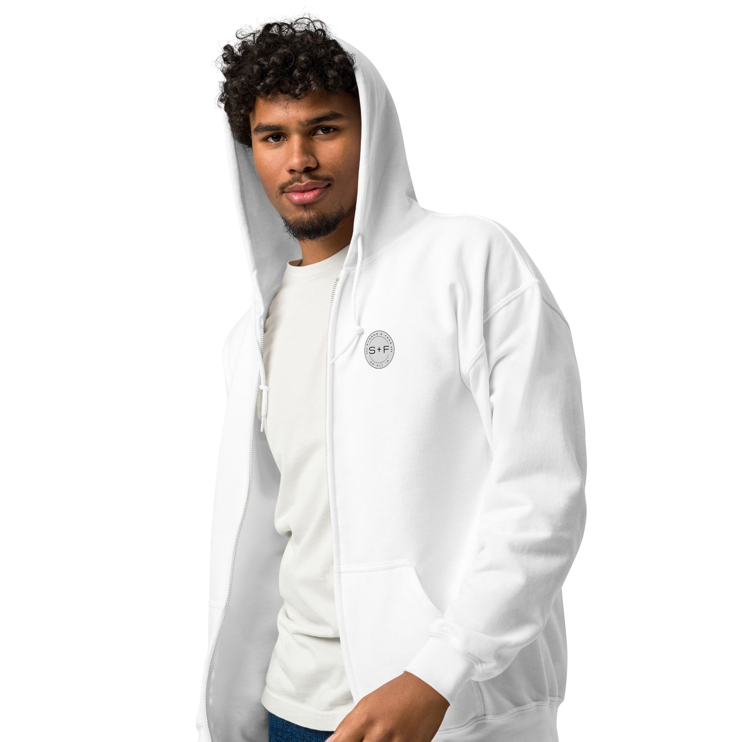 Men's Full Zip Hoodie, Black/Blue/Grey/White. S+F Reverse Grey Circle Logo Design.