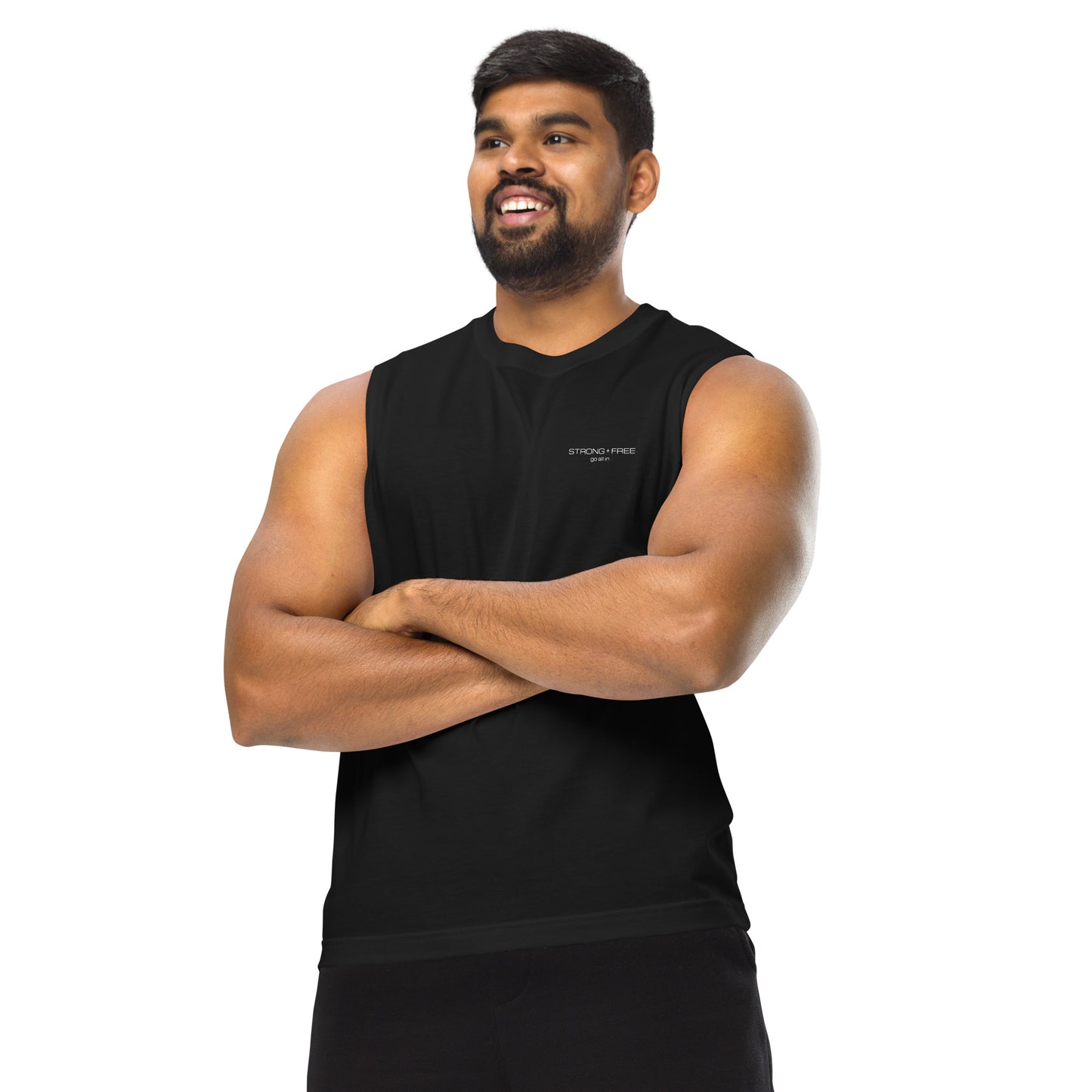 Men's Sleeveless Top, Black. S+F White Font Logo Design.
