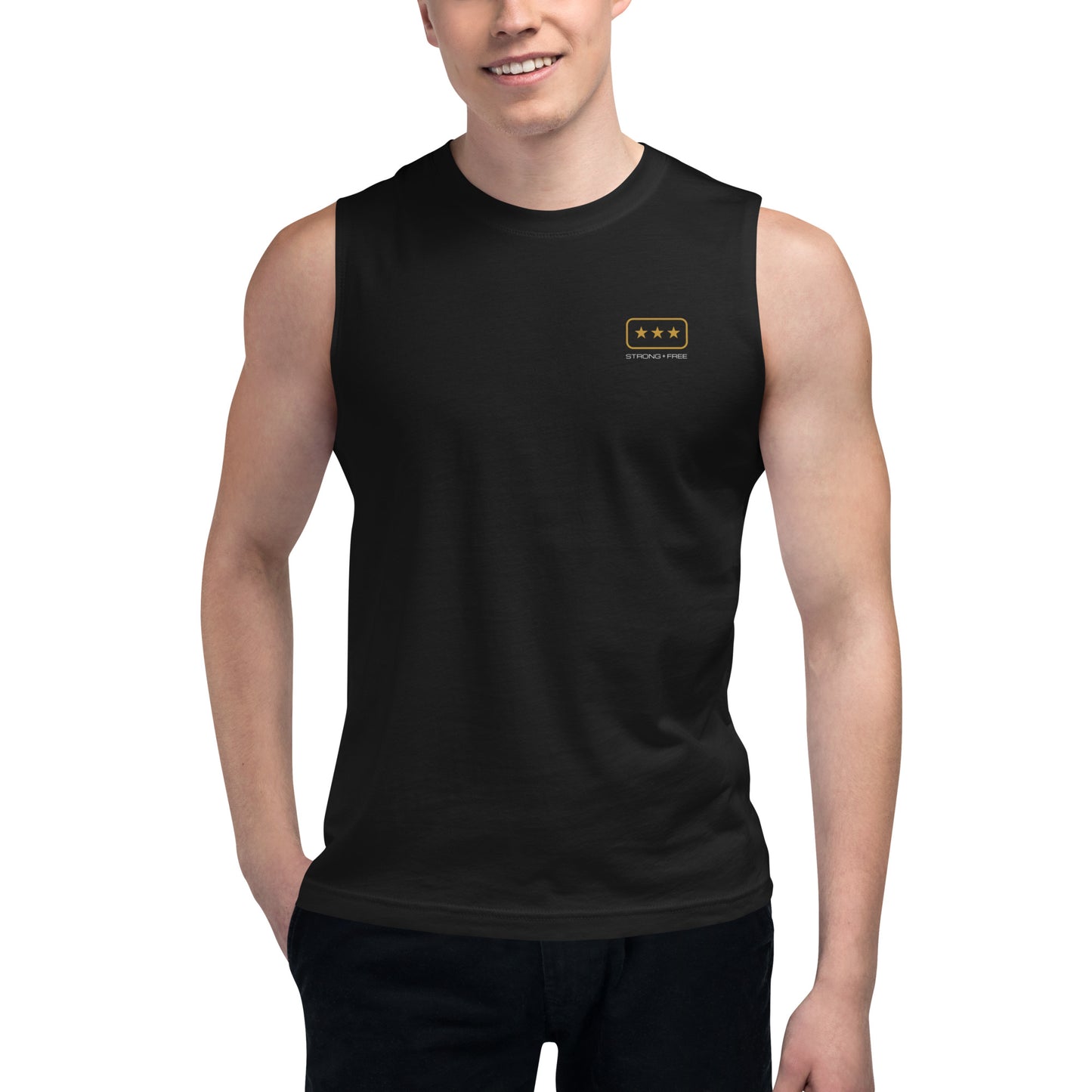 Men's Sleeveless Top, Black. S+F Tristar Logo Design.