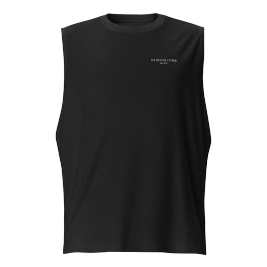 Men's Sleeveless Top, Black. S+F White Font Logo Design.