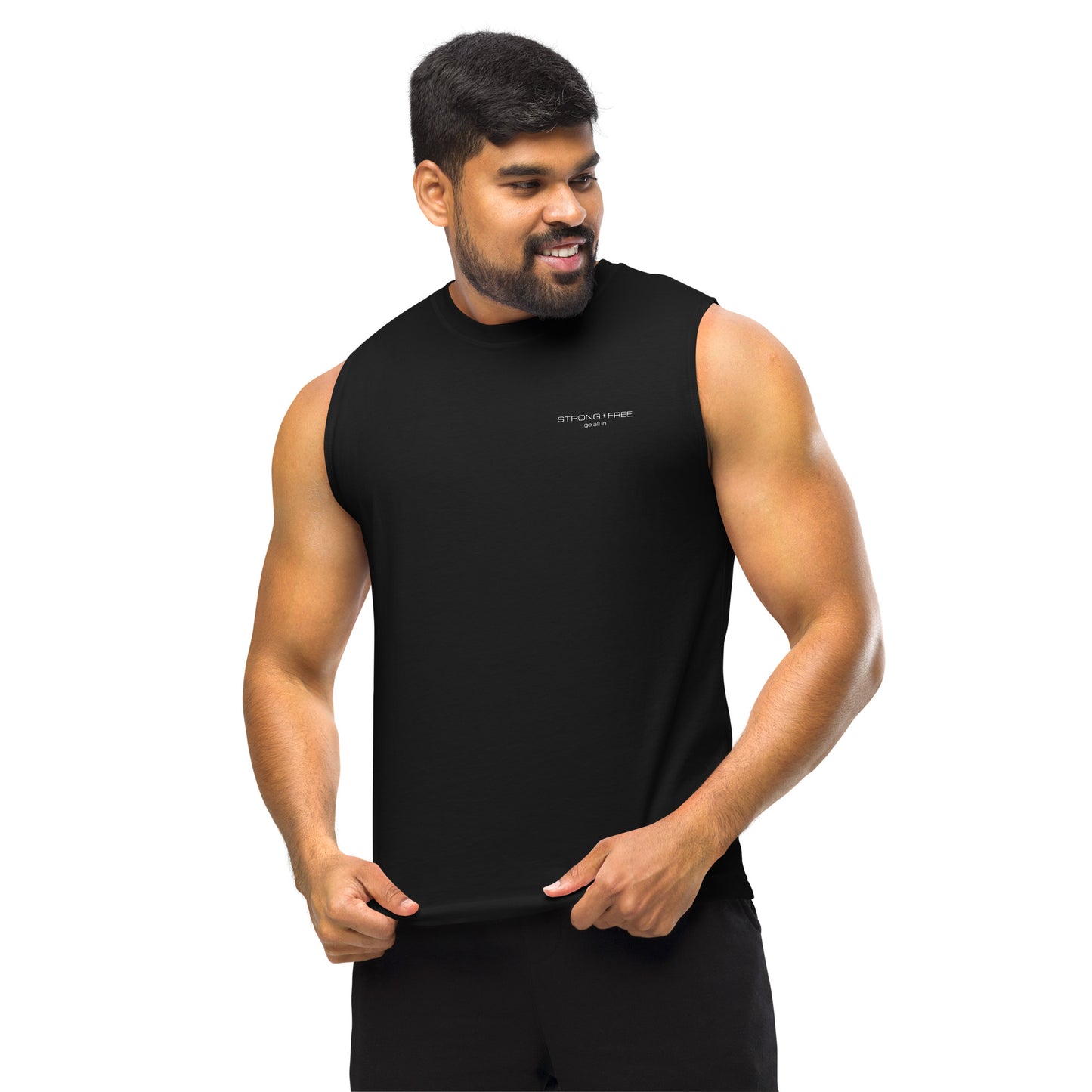Men's Sleeveless Top, Black. S+F White Font Logo Design.