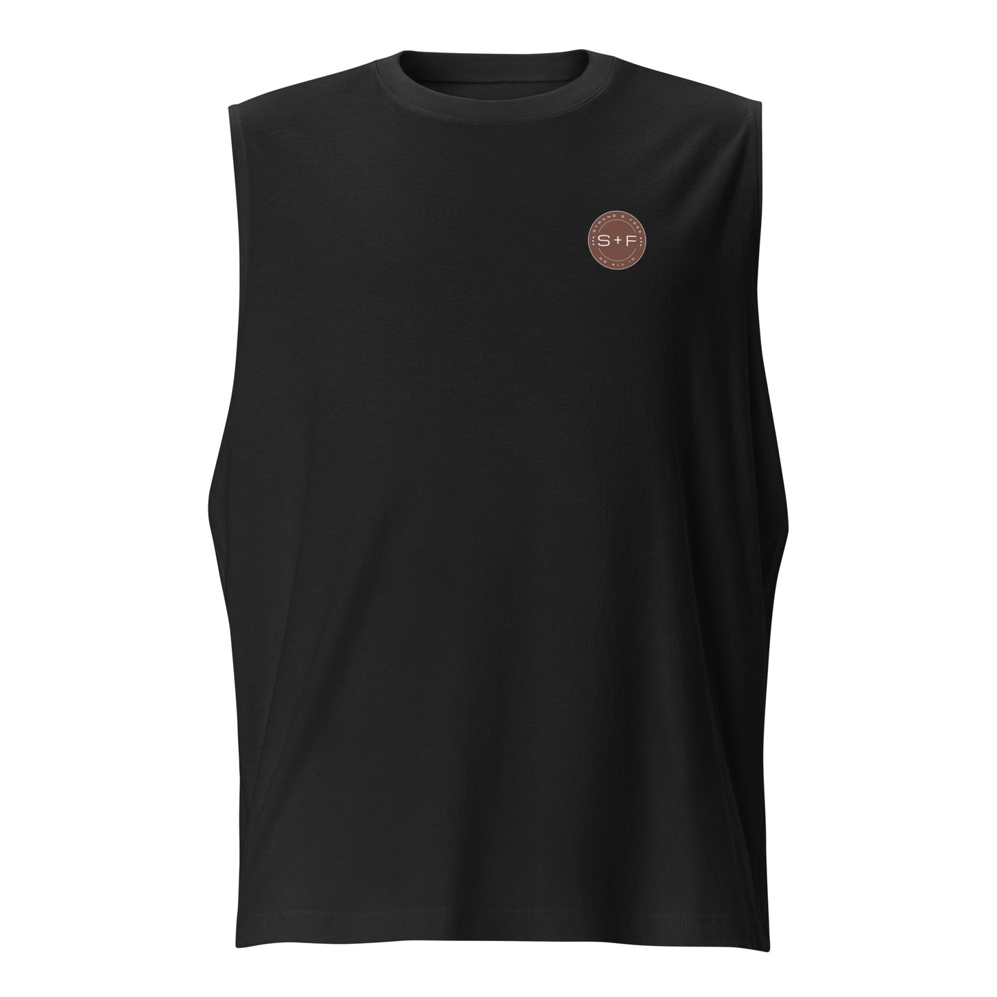 Men's Sleeveless Top, Black. S+F Reverse Brown Circle Logo Design.