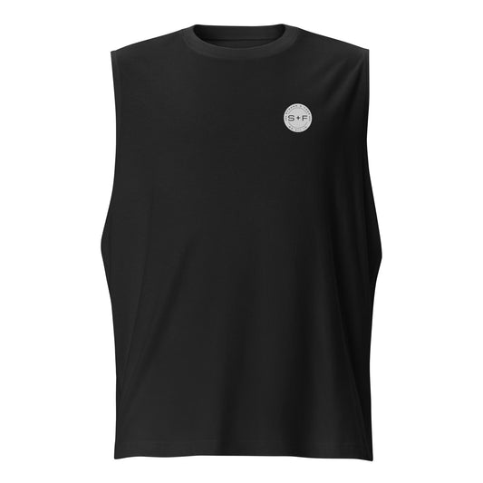 Men's Sleeveless Top, Black. S+F Reverse Grey Circle Logo Design.