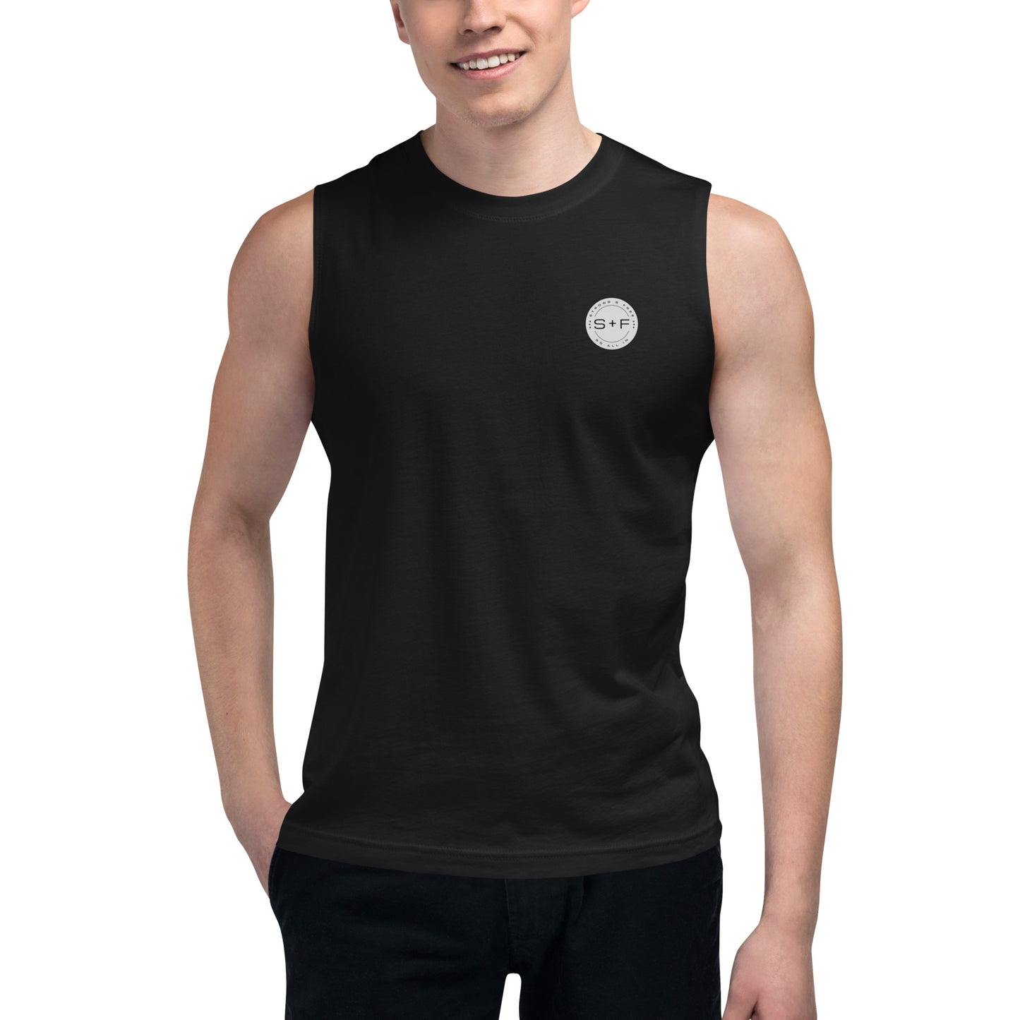 Men's Sleeveless Top, Black. S+F Reverse Grey Circle Logo Design.