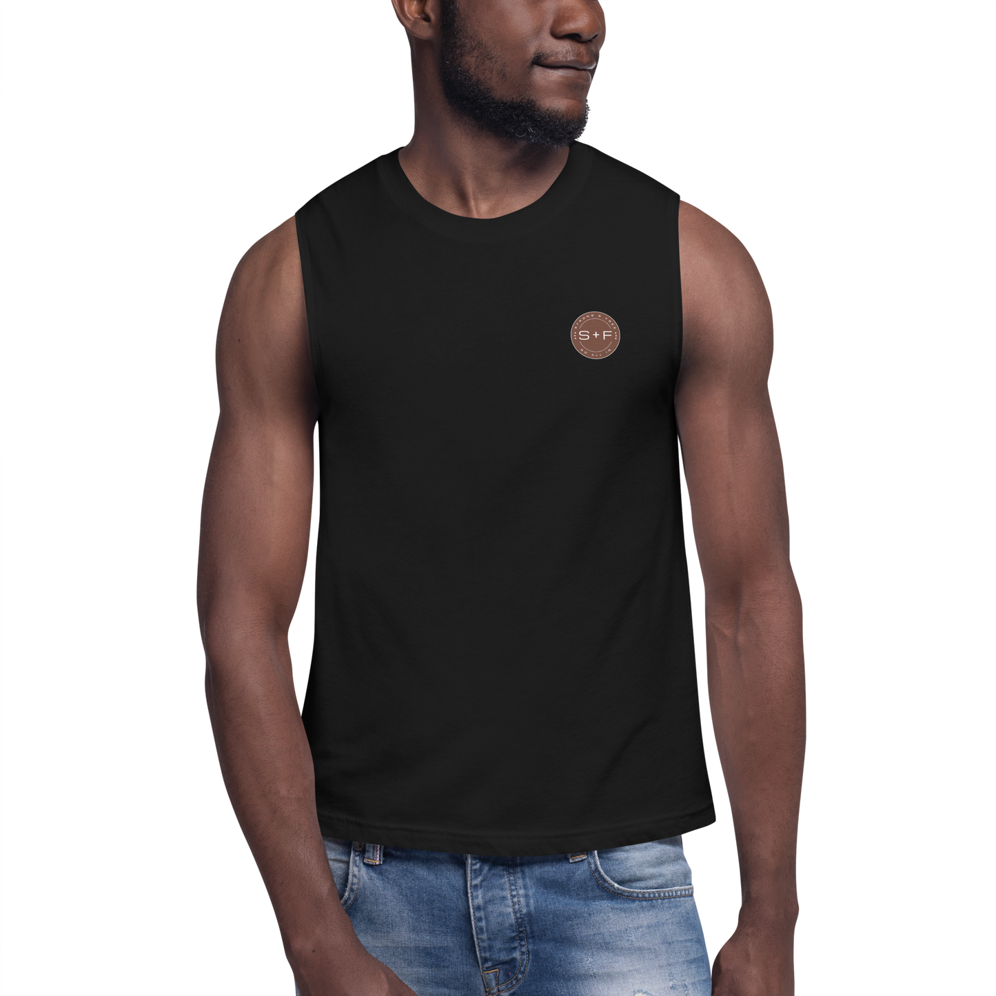 Men's Sleeveless Top, Black. S+F Reverse Brown Circle Logo Design.