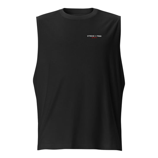 Men's sleeveless tee, black. S+F signature wordmark logo design.