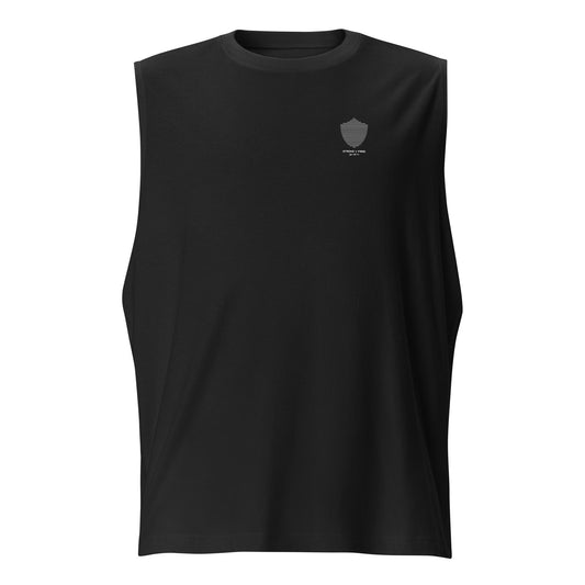 Men's sleeveless tee, black. S+F signature shield logo design III.