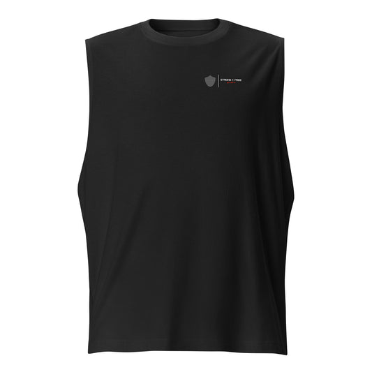 Men's sleeveless tee, black. S+F signature shield logo design II.