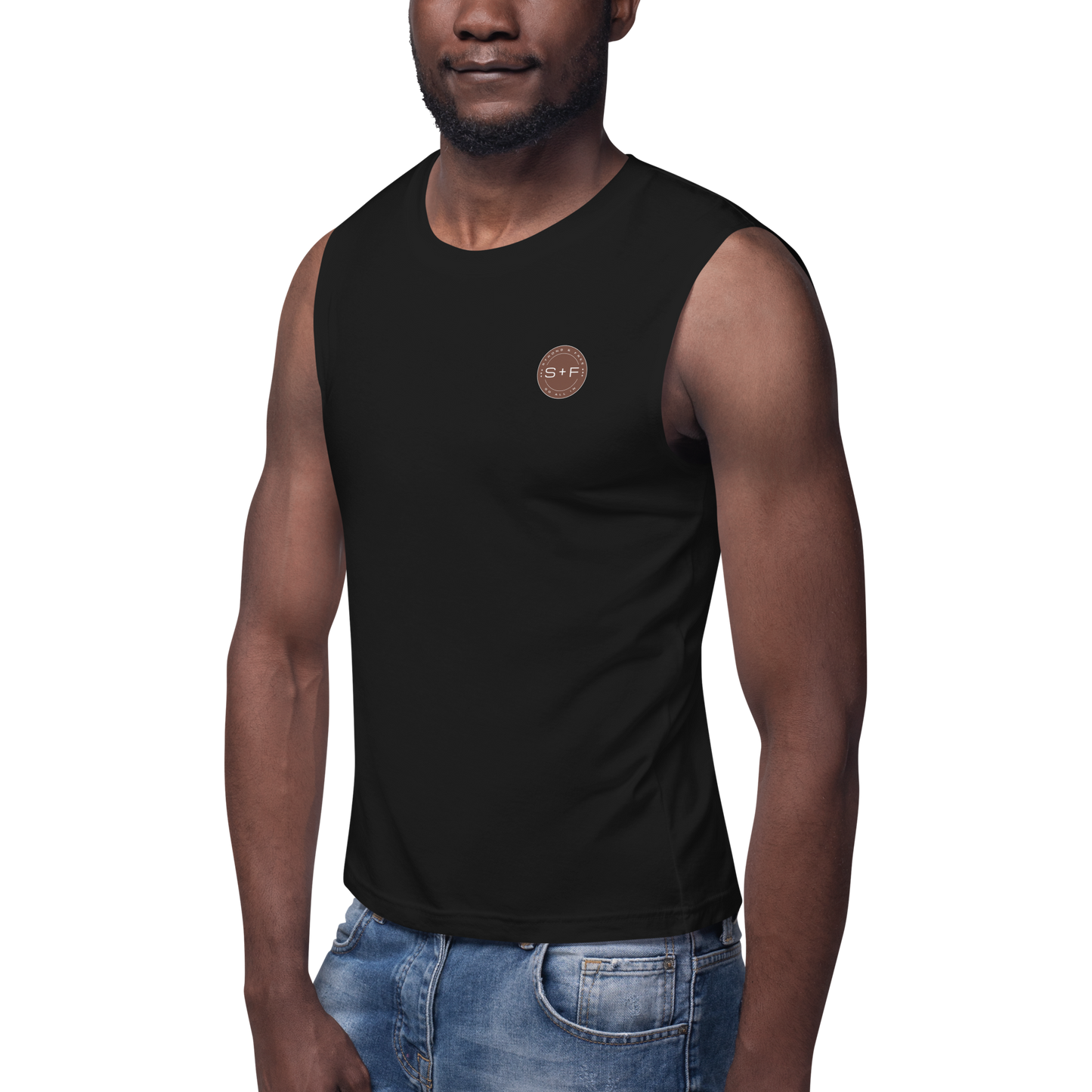 Men's Sleeveless Top, Black. S+F Reverse Brown Circle Logo Design.