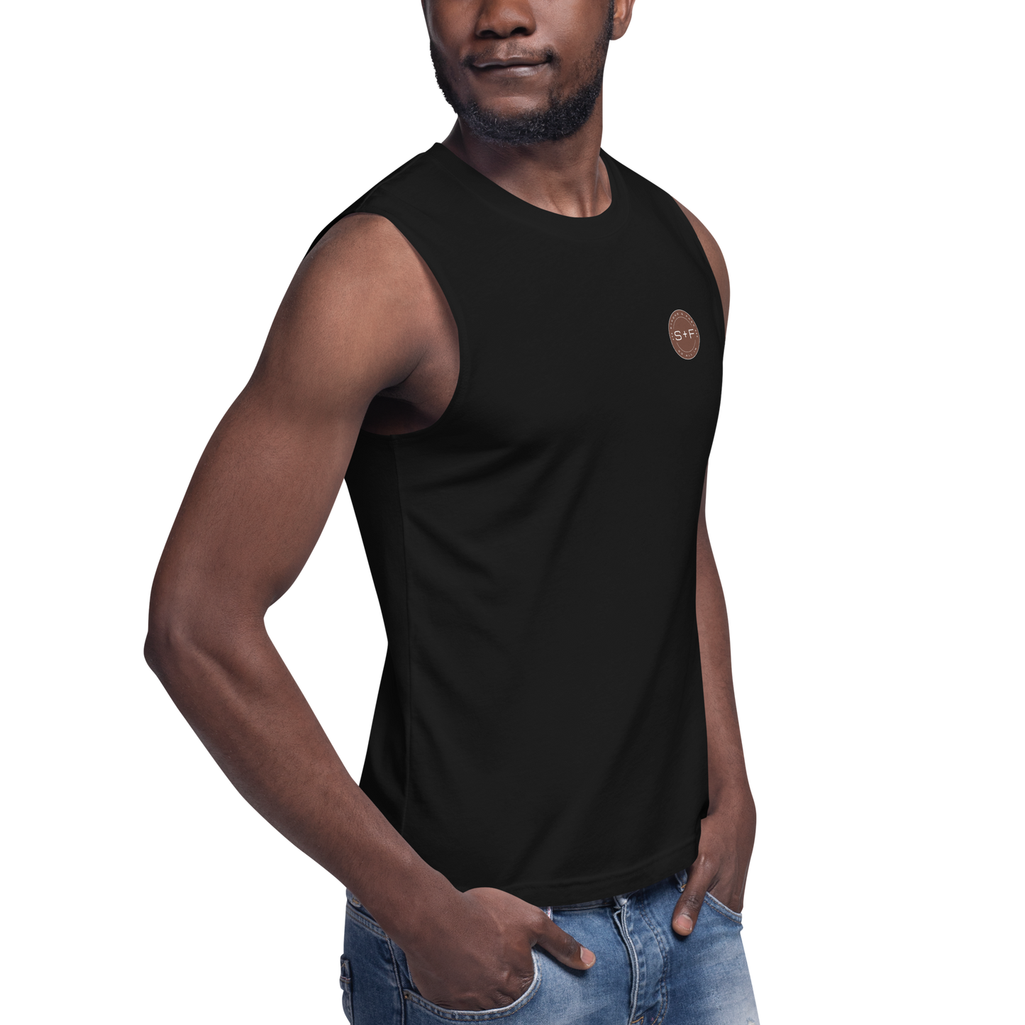 Men's Sleeveless Top, Black. S+F Reverse Brown Circle Logo Design.