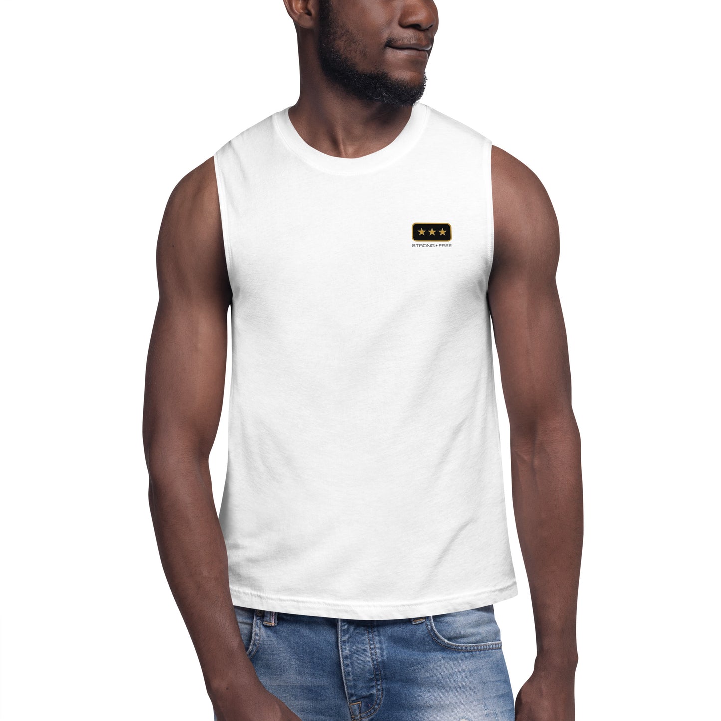 Men's Sleeveless Top, White. S+F Tristar Logo Design.