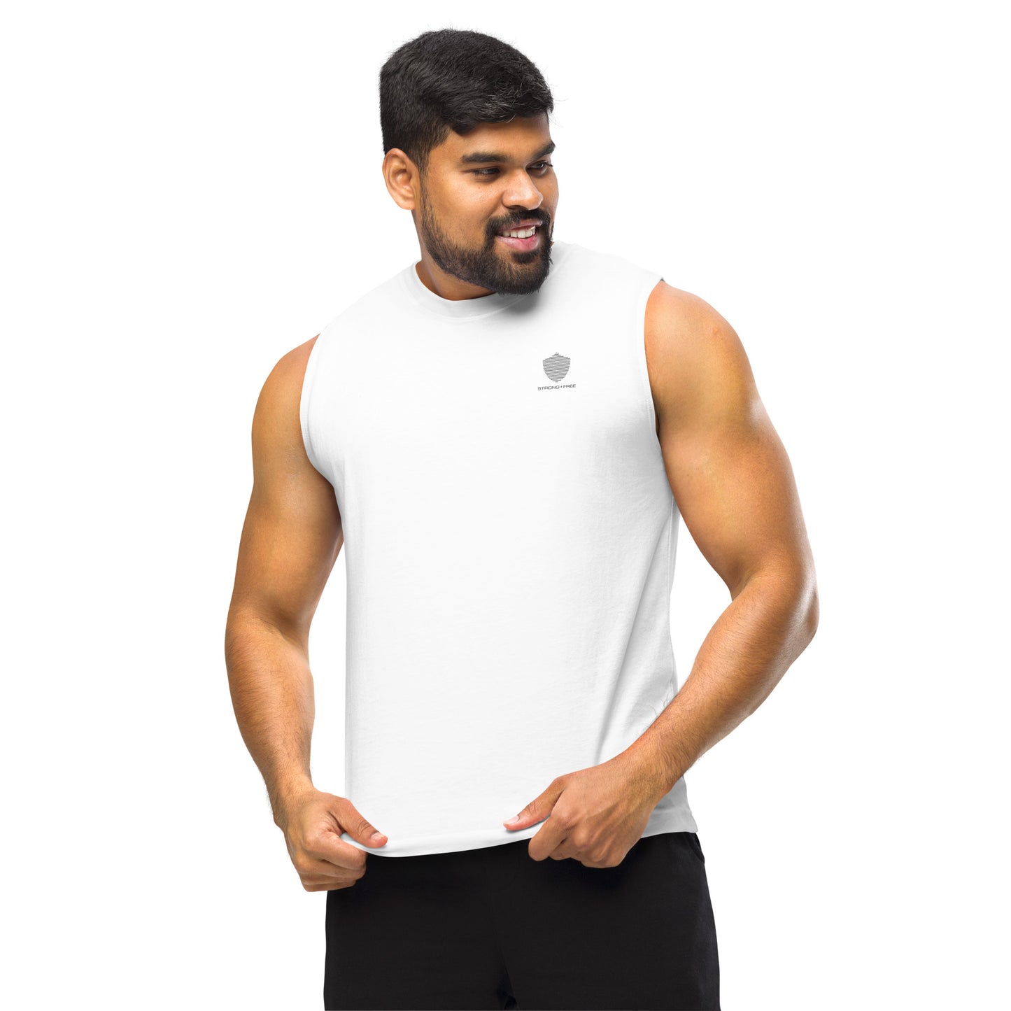 Men's Sleeveless Top, White. S+F Shield II Logo Design.