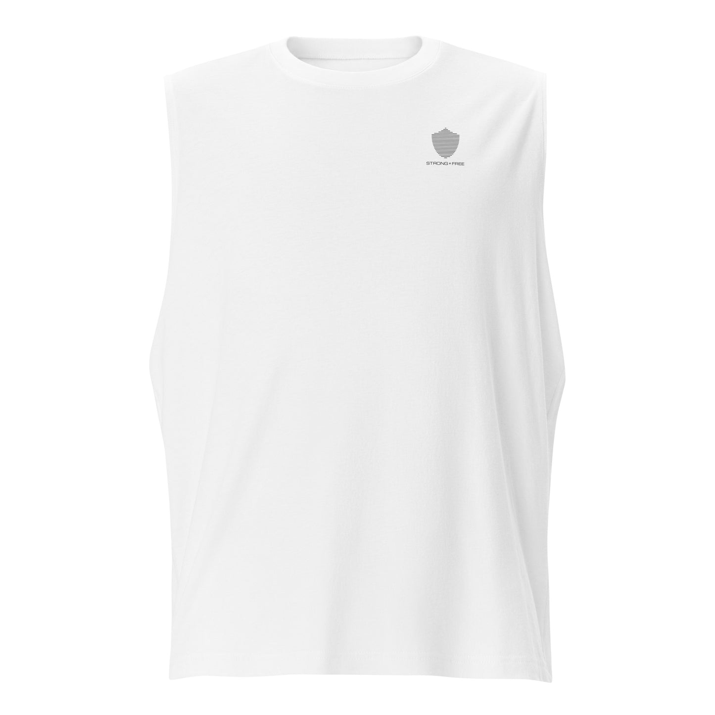 Men's Sleeveless Top, White. S+F Shield II Logo Design.
