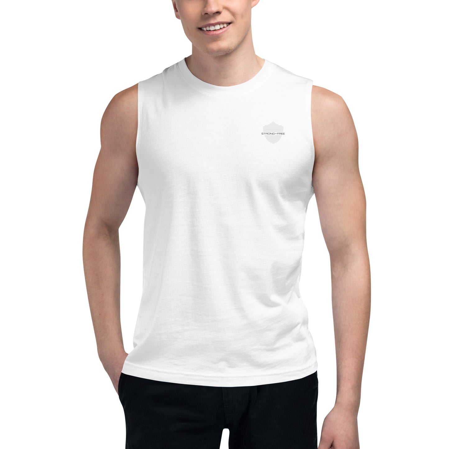 Men's Sleeveless Top, White. S+F Shield I Logo Design.