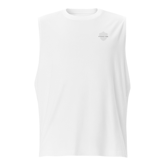 Men's Sleeveless Top, White. S+F Shield I Logo Design.
