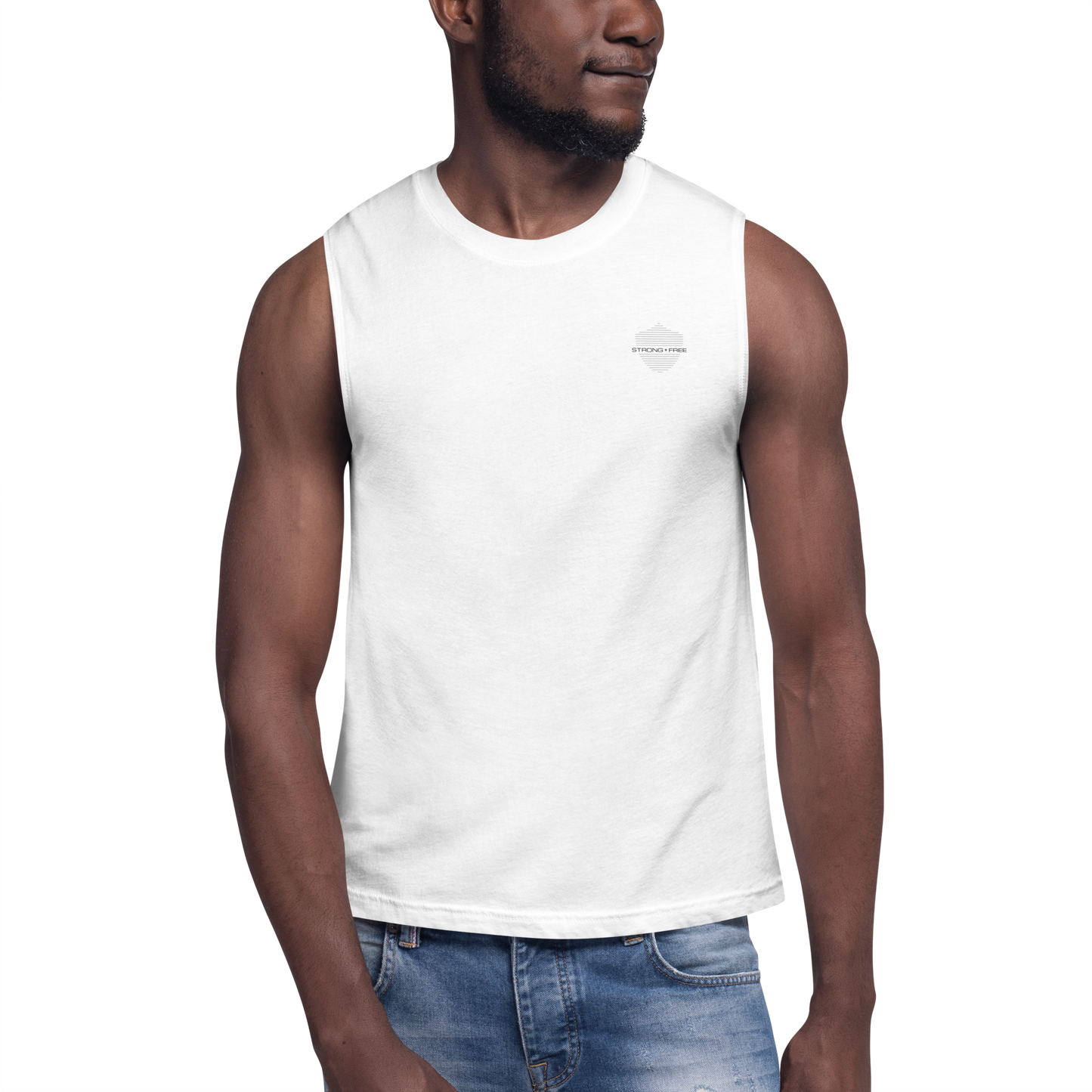 Men's Sleeveless Top, White. S+F Shield I Logo Design.