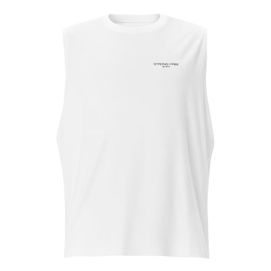 Men's Sleeveless Top, White. S+F Black Font Logo Design.