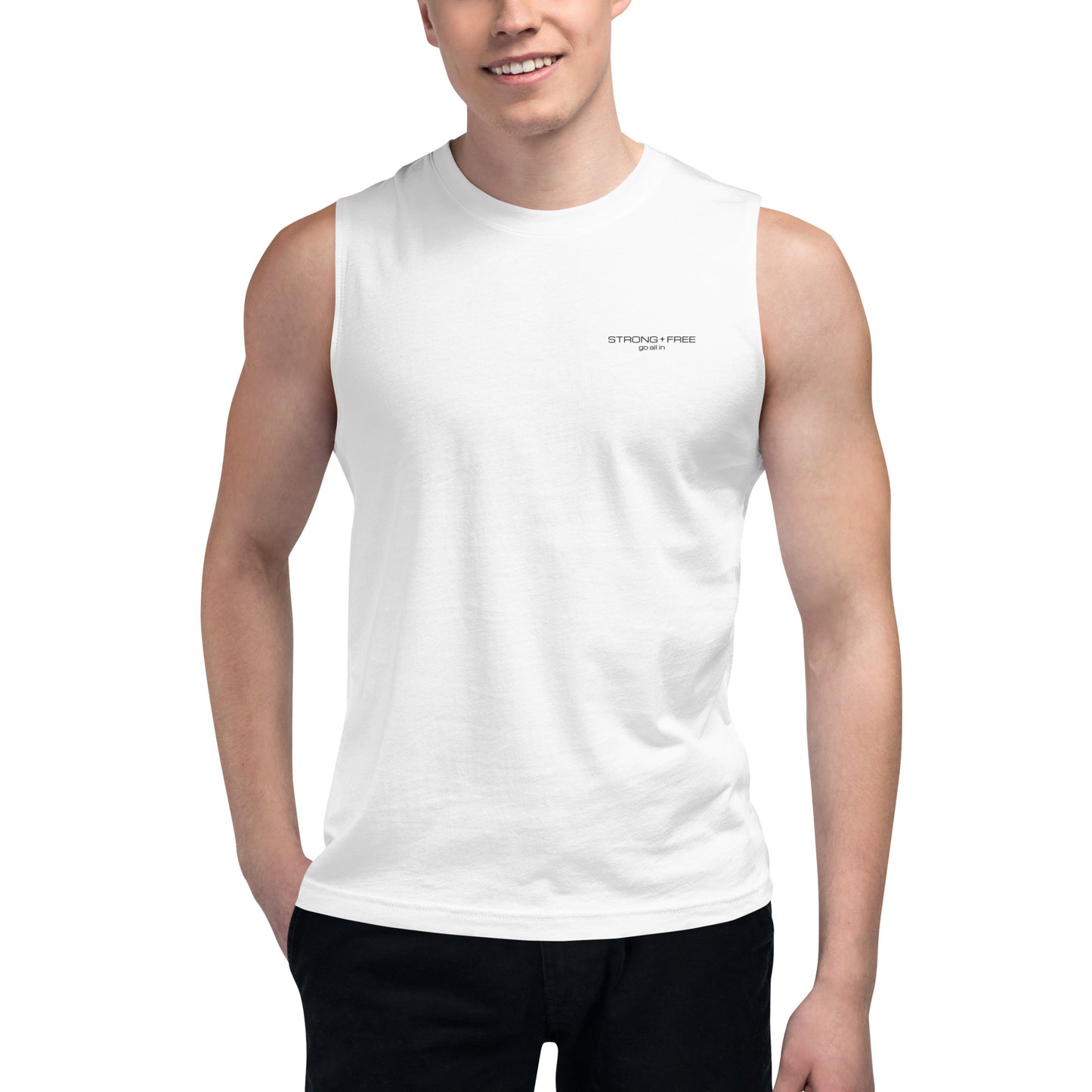 Men's Sleeveless Top, White. S+F Black Font Logo Design.