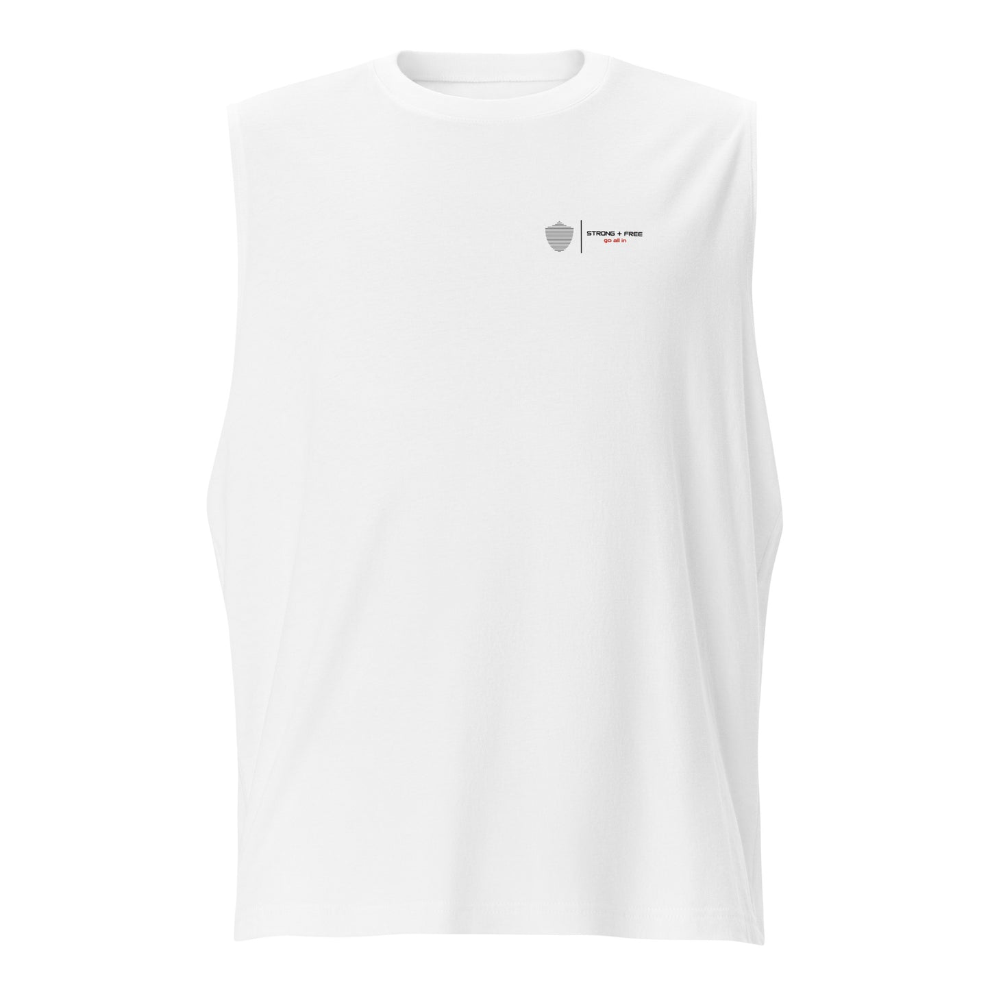 Men's sleeveless tee, white. S+F signature shield logo design II.