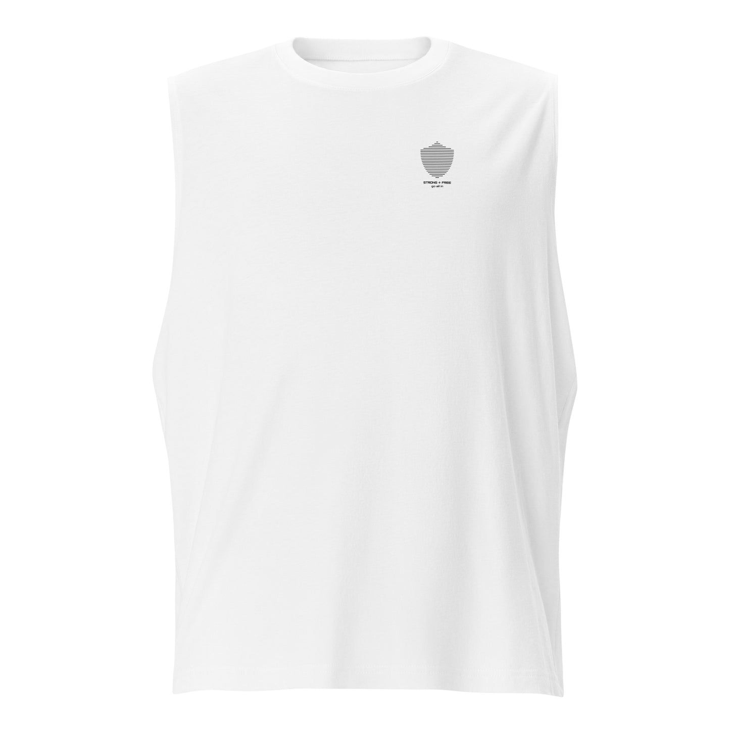 Men's sleeveless tee, white. S+F signature shield logo design.