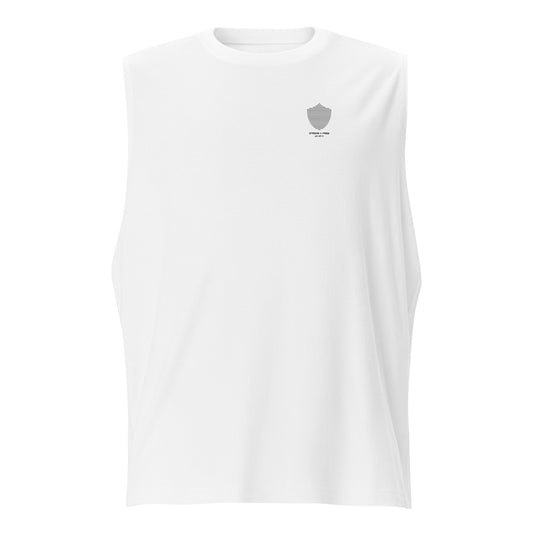 Men's sleeveless tee, white. S+F signature shield logo design.