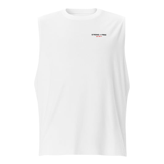 Men's sleeveless tee, white. S+F signature wordmark logo design.