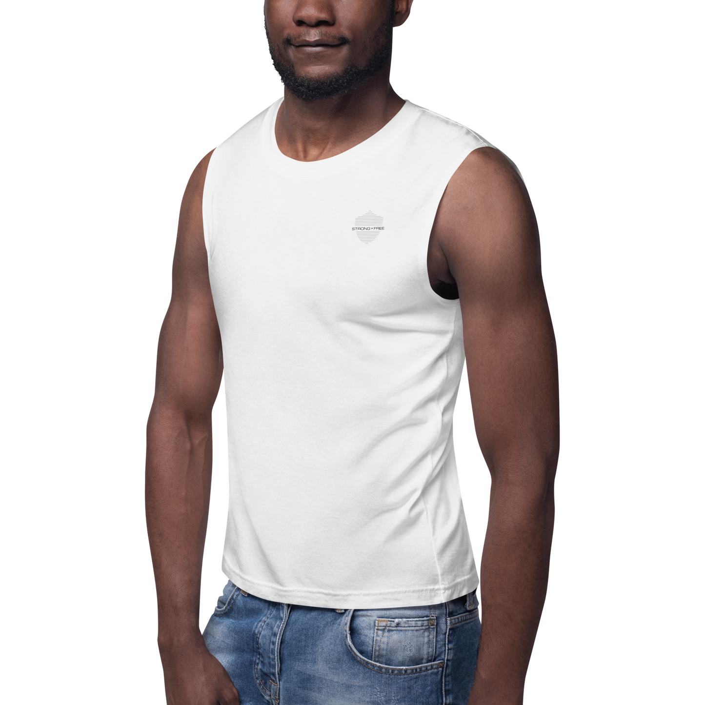 Men's Sleeveless Top, White. S+F Shield I Logo Design.