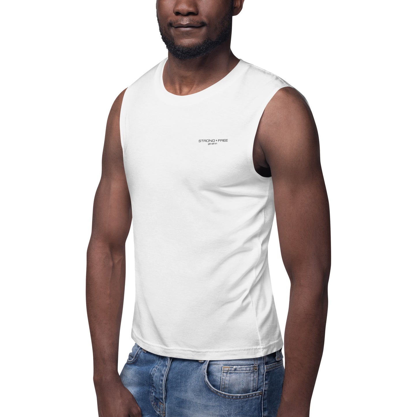 Men's Sleeveless Top, White. S+F Black Font Logo Design.