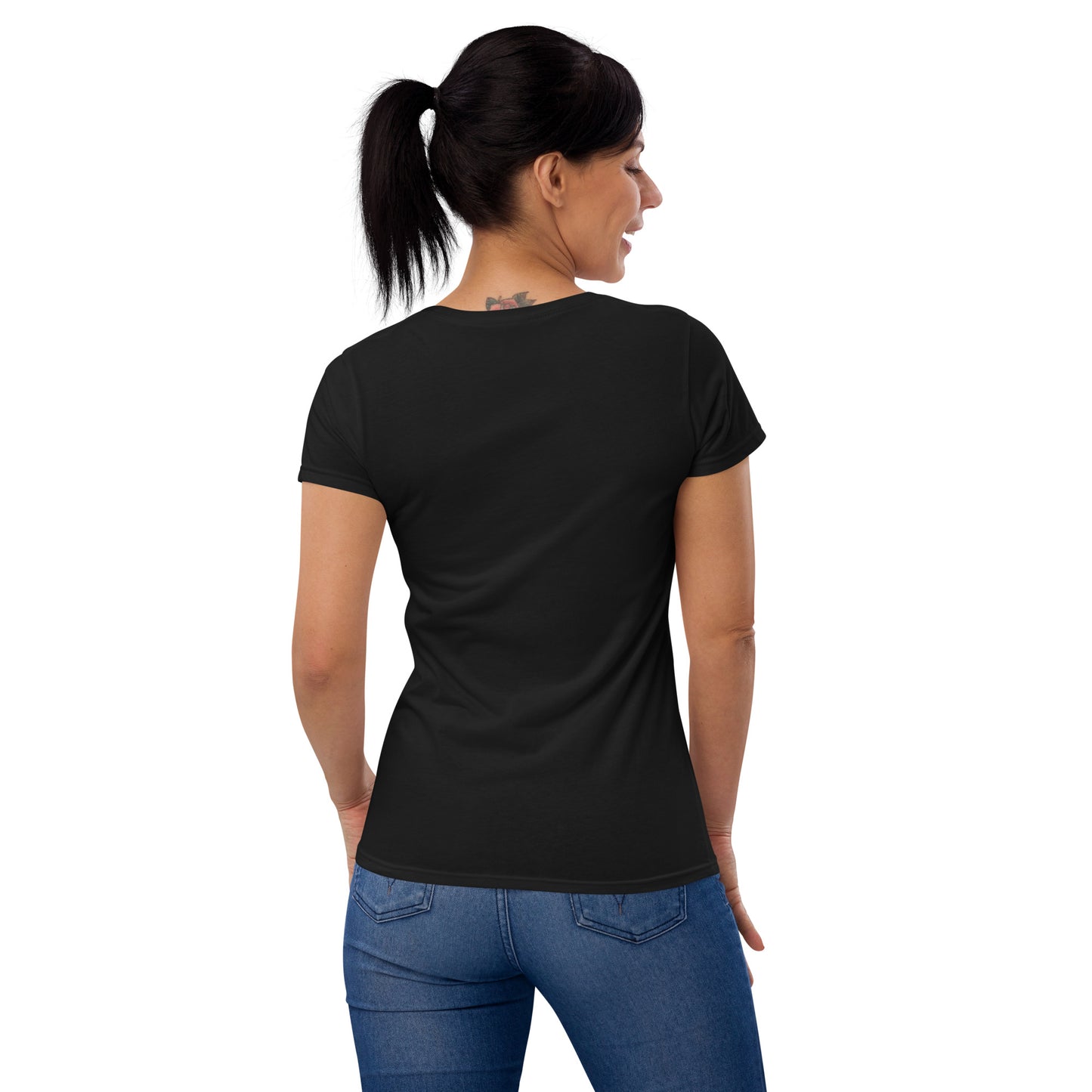 Women's Fitted Short Sleeve T-shirt, Blue/Black/Grey/Red. S+F White Font Logo Design.