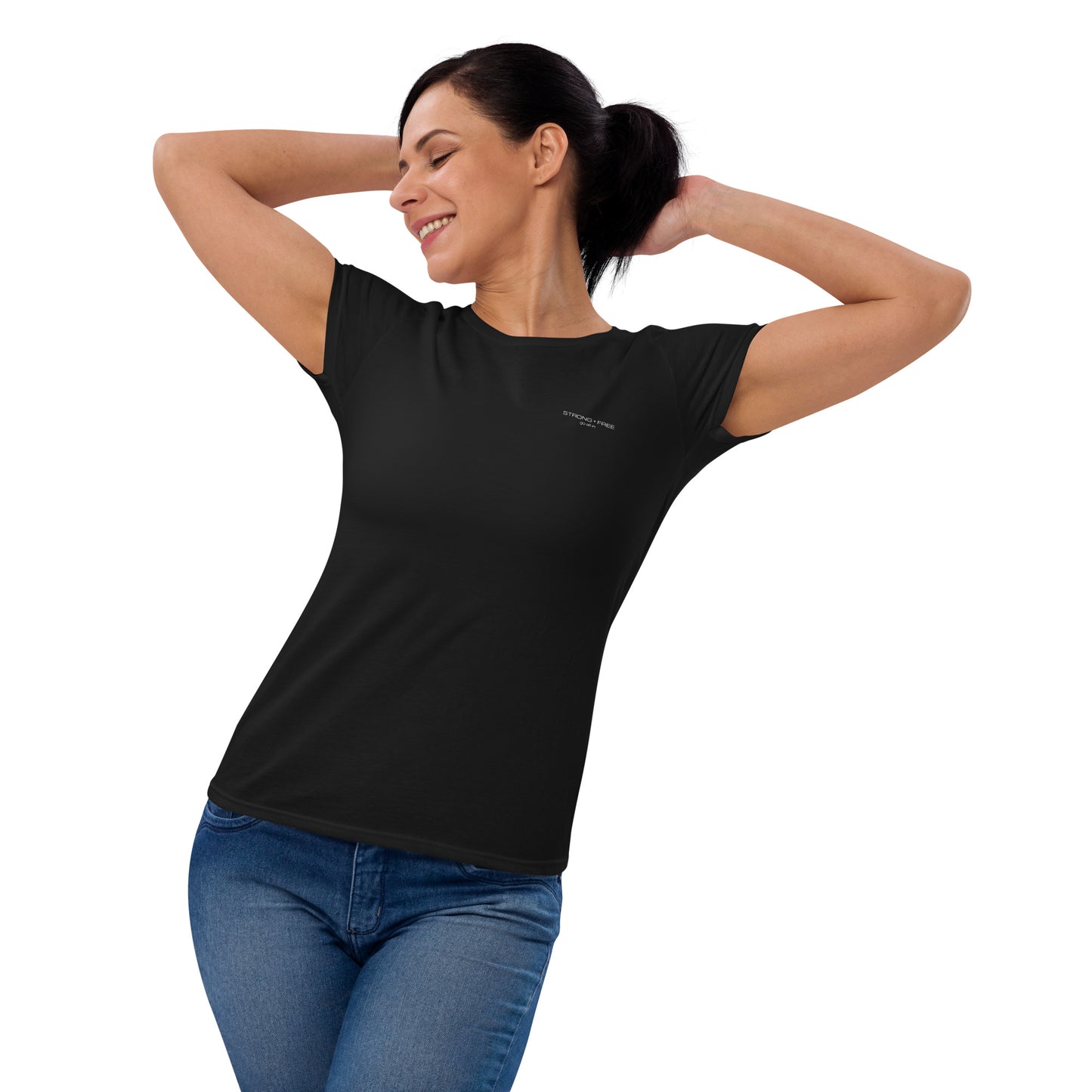 Women's Fitted Short Sleeve T-shirt, Blue/Black/Grey/Red. S+F White Font Logo Design.