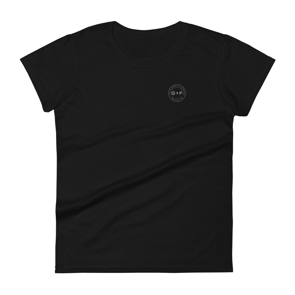 Women's Fitted Short Sleeve T-shirt, Red/Black/Grey/Blue. S+F White Circle Logo Design.