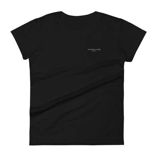 Women's Fitted Short Sleeve T-shirt, Blue/Black/Grey/Red. S+F White Font Logo Design.