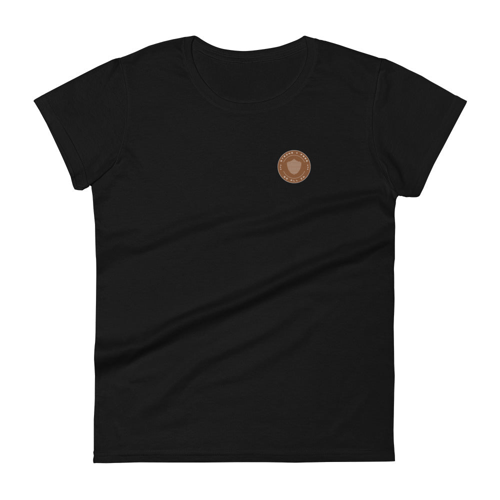 Women's short sleeve tee, various colors. S+F signature shield logo design, reverse brown icon.