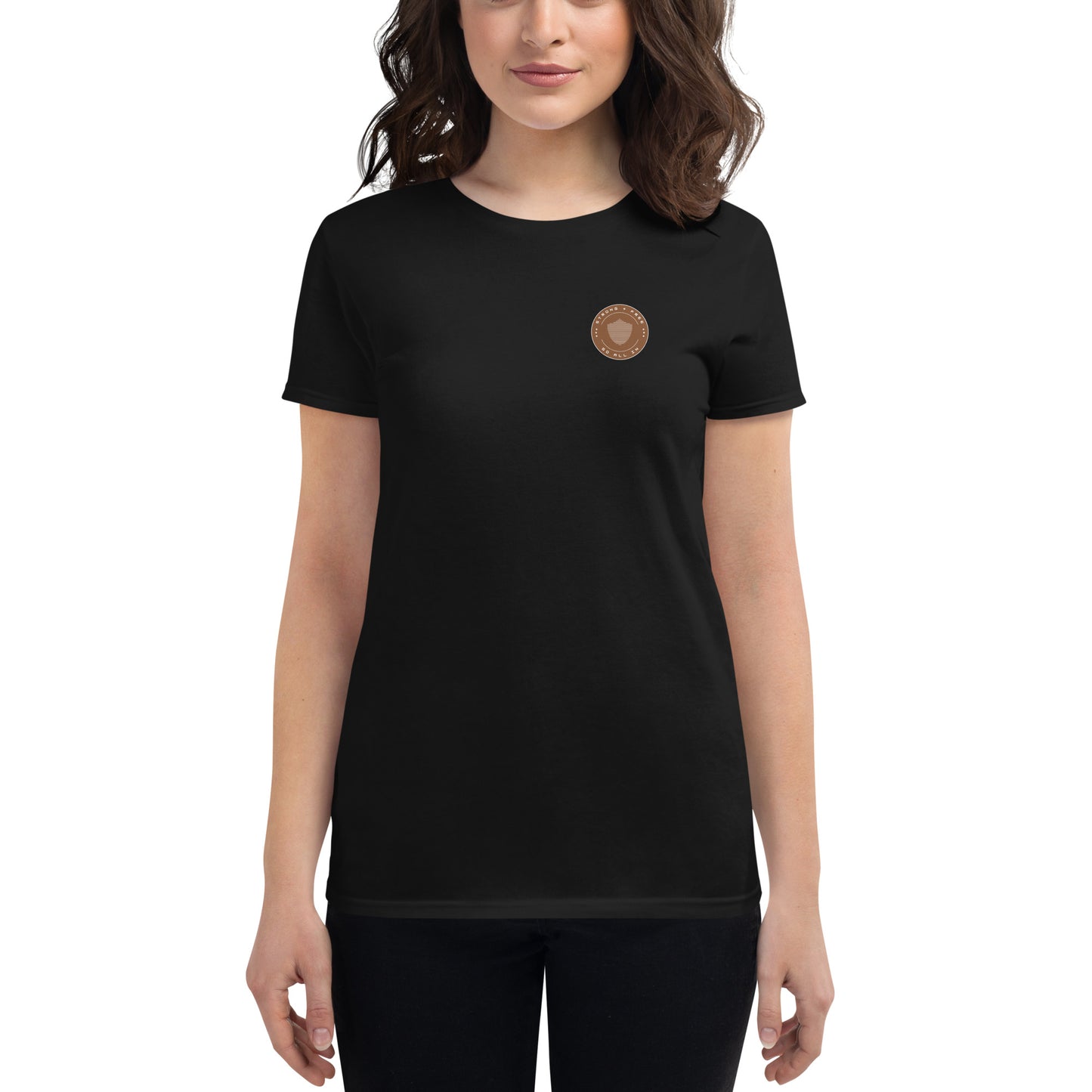 Women's short sleeve tee, various colors. S+F signature shield logo design, reverse brown icon.