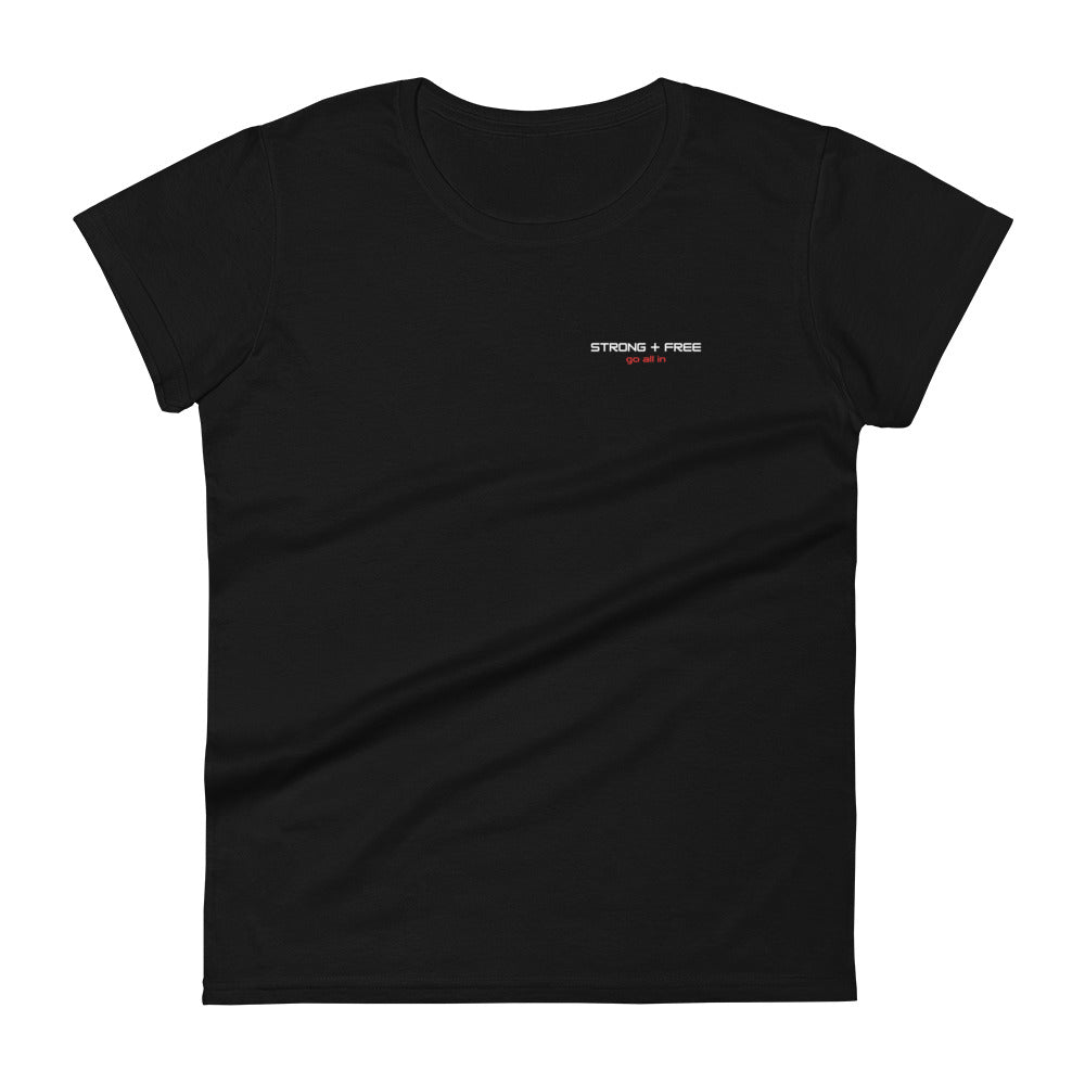 Women's short sleeve tee, various colors. S+F signature wordmark logo design.