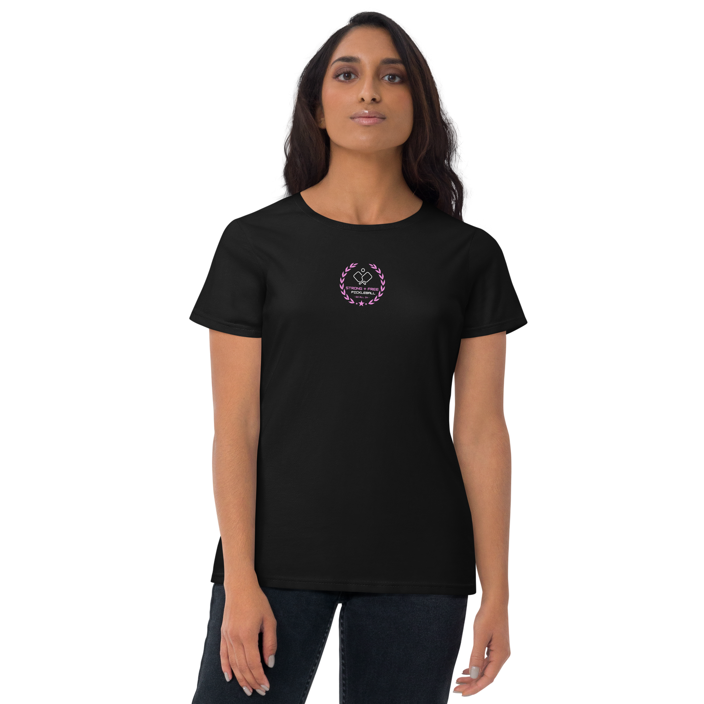 Women's short sleeve t-shirt, black/navy/grey. S+F custom pickleball logo design, pink crest.