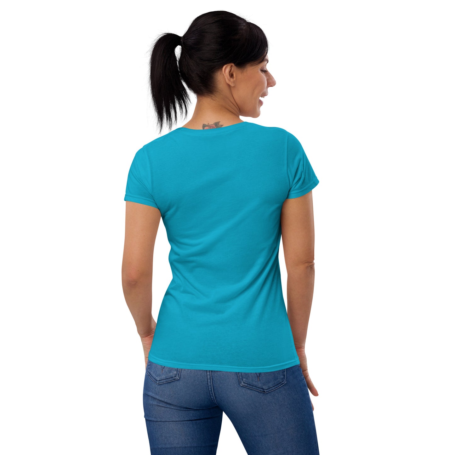 Women's Fitted Short Sleeve T-shirt, White/Grey/Blue/Red/Pink. S+F Square Logo Design.