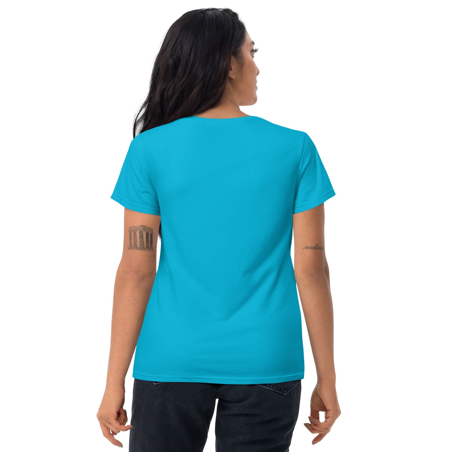 Women's Fitted Short Sleeve T-shirt, White/Red/Pink/Grey/Blue. S+F Black Circle Logo Design.