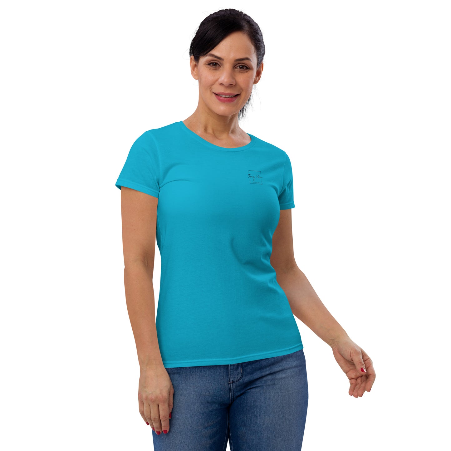 Women's Fitted Short Sleeve T-shirt, White/Grey/Blue/Red/Pink. S+F Square Logo Design.