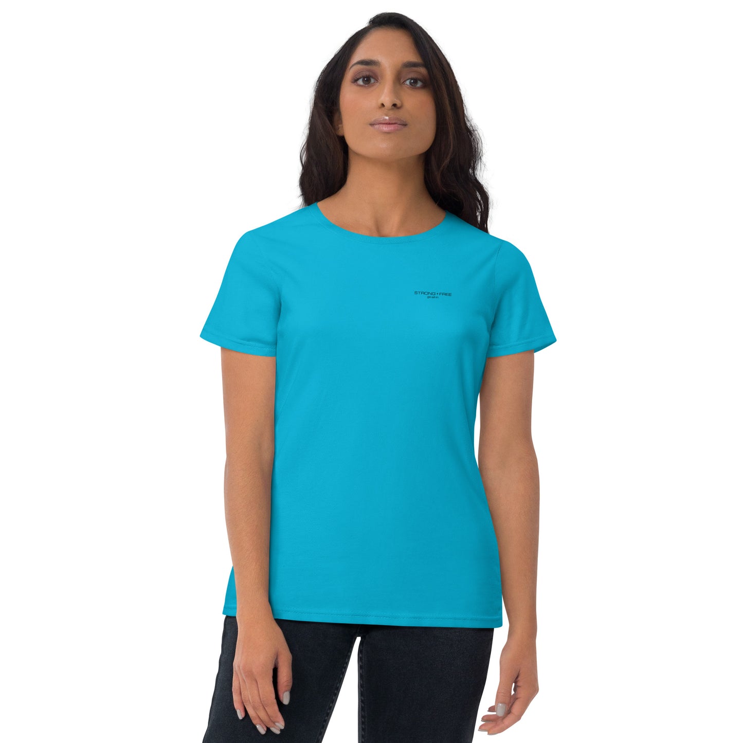 Women's Fitted Short Sleeve T-shirt, White/Red/Pink/Blue/Grey. S+F Black Font Design.