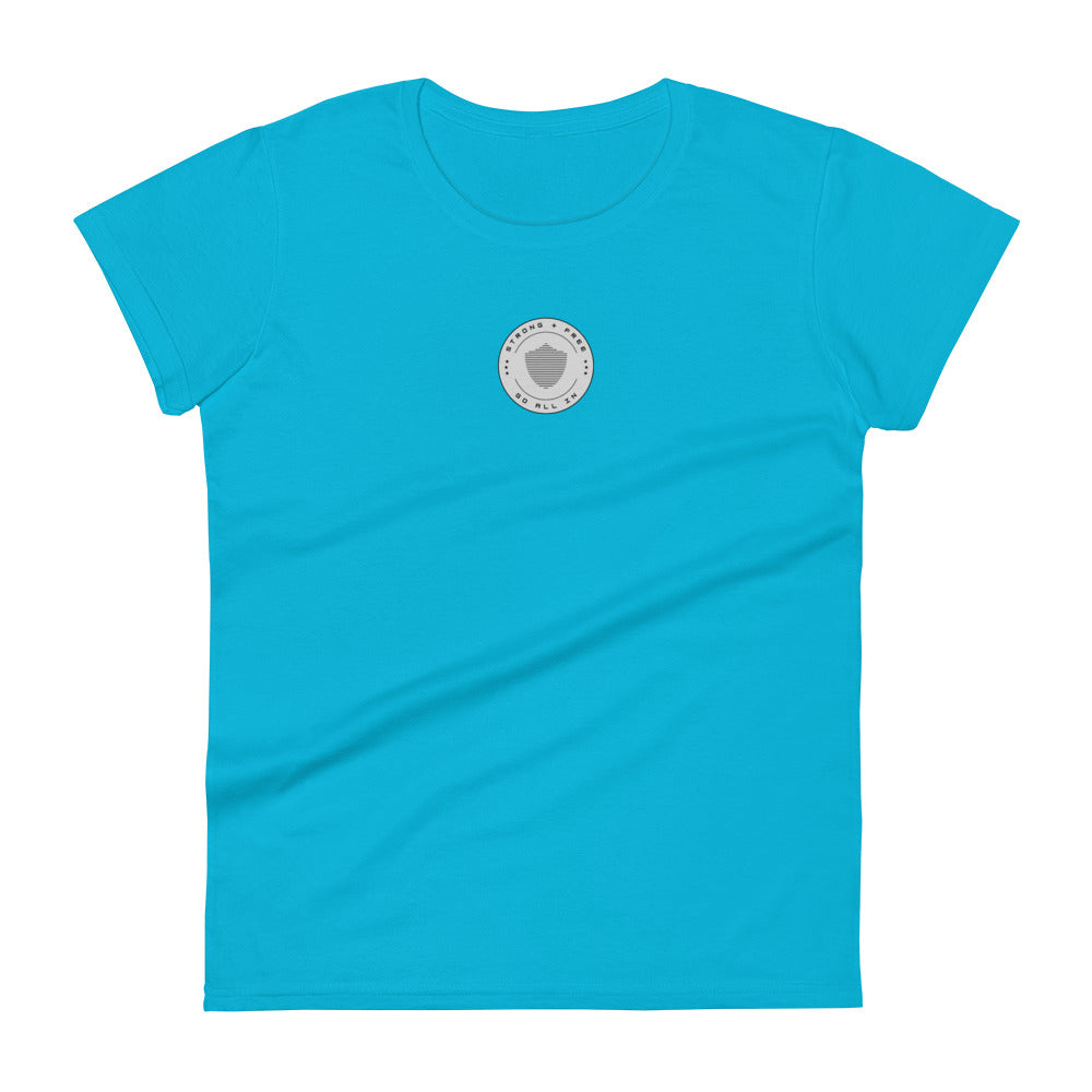 Women's short sleeve tee, various colors. S+F signature shield logo design, reverse grey crest.