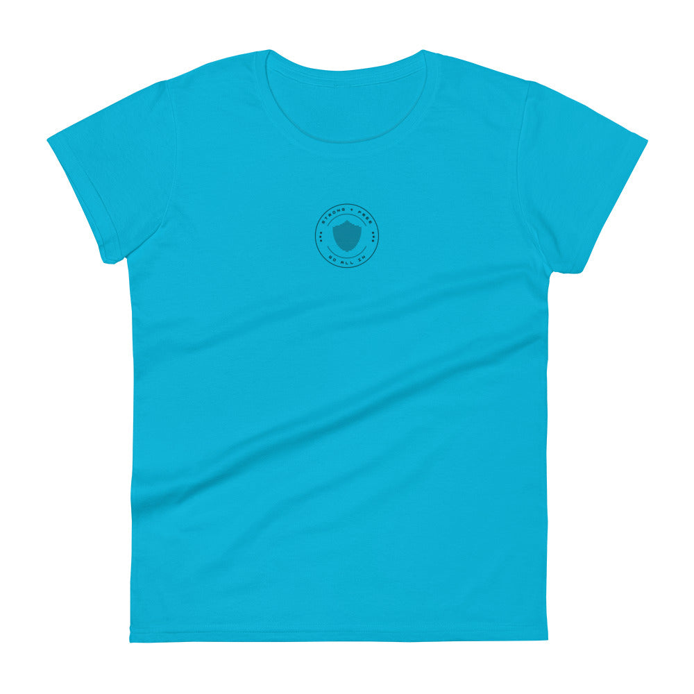 Women's short sleeve tee, various colors. S+F signature shield logo design III.